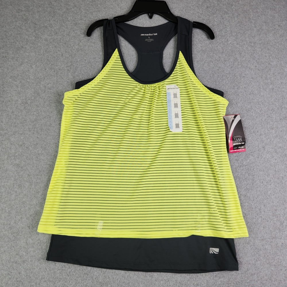 Marika Tek Tank Top Womens Large‎ Carbon Lime Yellow Striped Layered Racerback
